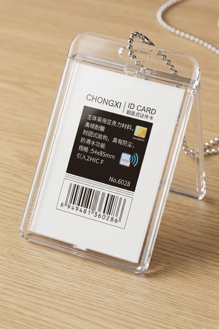 Chongxi acrylic ID card holder model 6028, transparent and wear-resistant, holding two IC cards on a white background.